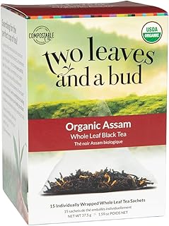 Two Leaves and a Bud Organic Assam Black Tea Bags, Whole Leaf Caffeinated Black Tea in Compostable Sachets, 15 Count (Pack of 1)