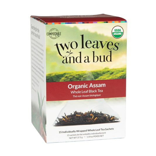 Two Leaves and a Bud Organic Assam Black Tea Bags, Whole Leaf Caffeinated Black Tea in Compostable Sachets, 15 Count
