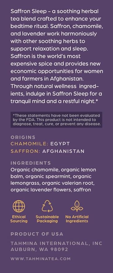Tahmina Saffron Sleep Caffeine Free Tea: Soothing Chamomile and Lavender with Afghan Saffron, 12 Biodegradable Pyramid Tea Bags, Makes 36 Cups of Tea (1 Pack)