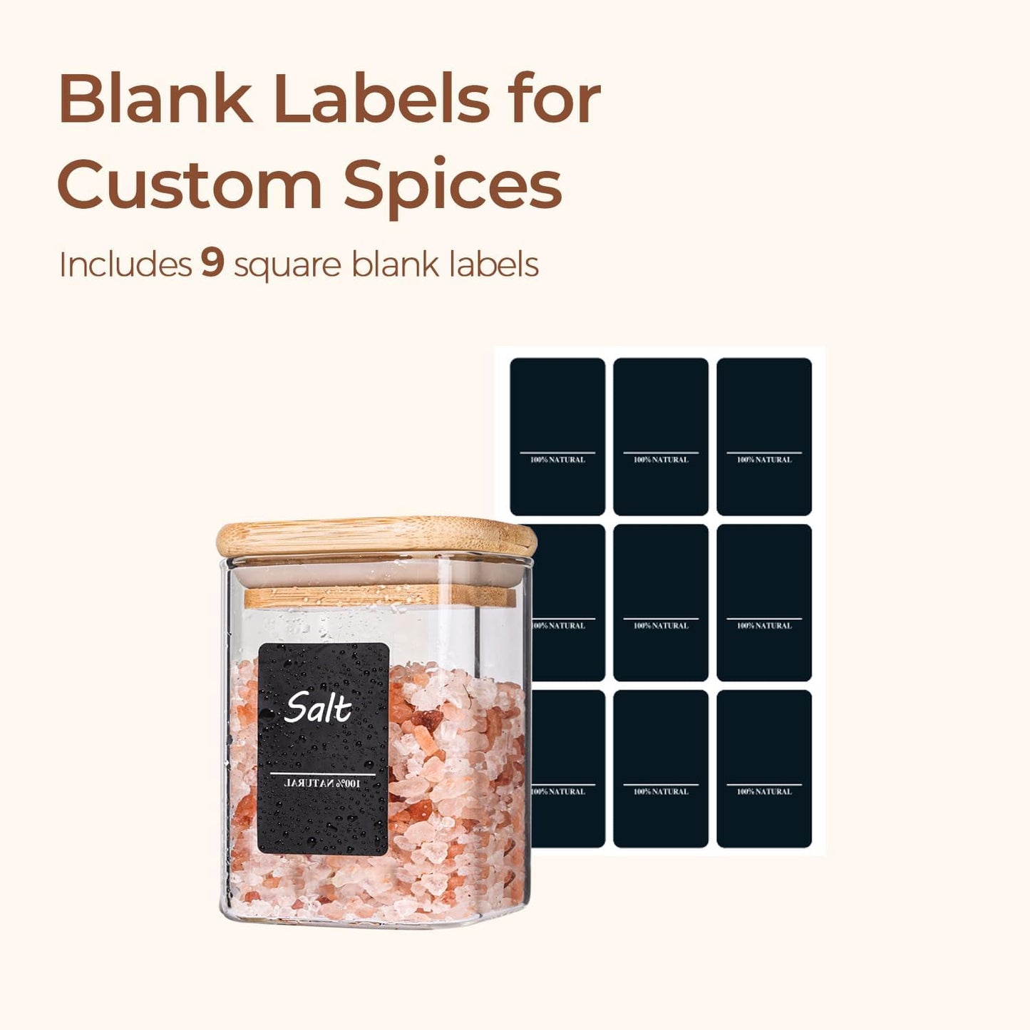 ComSaf Glass Spice Jars 8oz Set of 6, Seasoning Containers with 9 Labels | Small Glass Jars with Labels, Empty Rectangle Canisters, Spice Rack Organization, Loose Tea, Herb, Powder, Dry Good, BPA Free