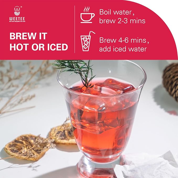 WT Weetee Hibiscus Tea Bags, Made with 100% Pure Hibiscus Flowers, Natural Caffeine-free Herbal Tea, Tangy & Refreshing, Brew Hot or Iced