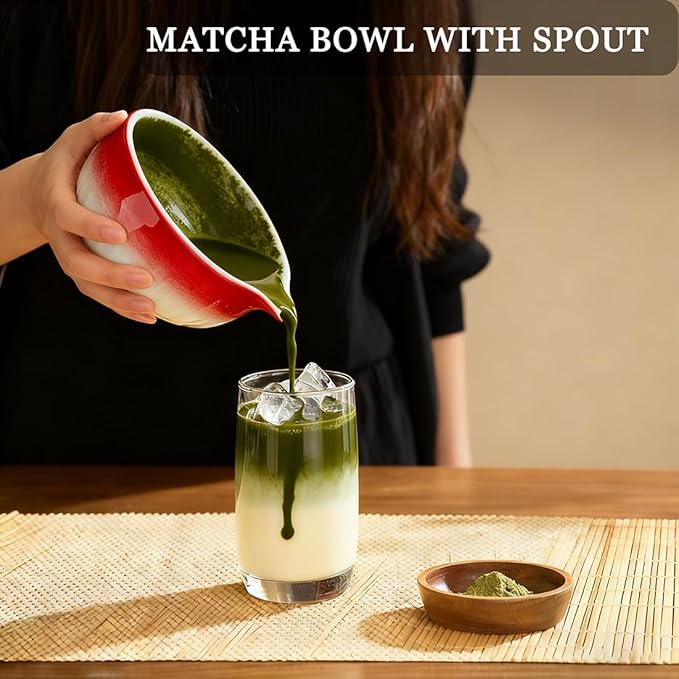 Matcha Whisk Set,8 Pcs Pink Matcha Kit - Ceramic Matcha Set Bowl with Spout,Bamboo Whisk & Holder,Scoop&Scoop Rest,Tea Towel,Stainless Sifter