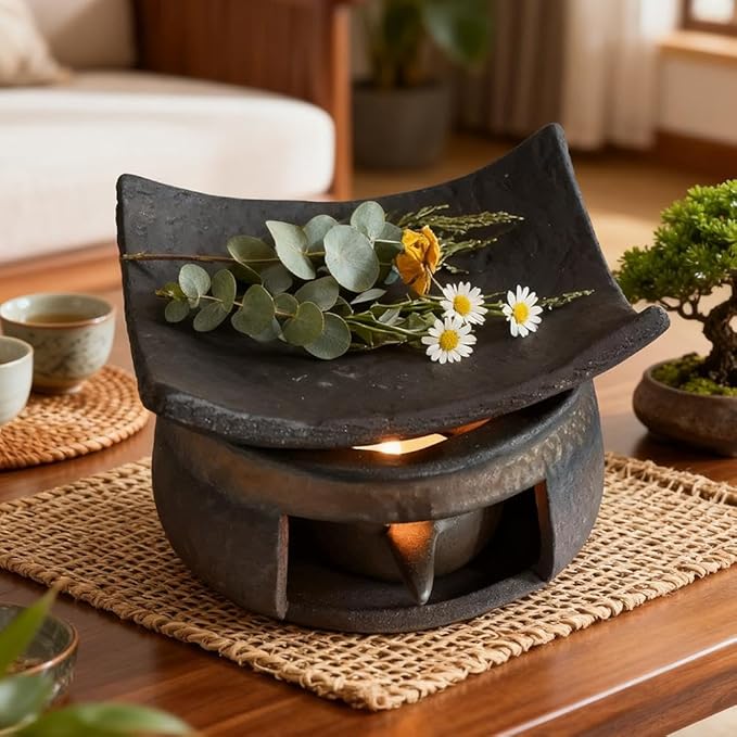 Ceramic Tea Stove Warmer Set, Cedar and Zen Aromatherapy Burner,Handmade Ceramic Candle Wax Melts Warmer with Tealight Holder,Multi-Functional Teapot and Heater,for Home Office Hotel Meditation (A)