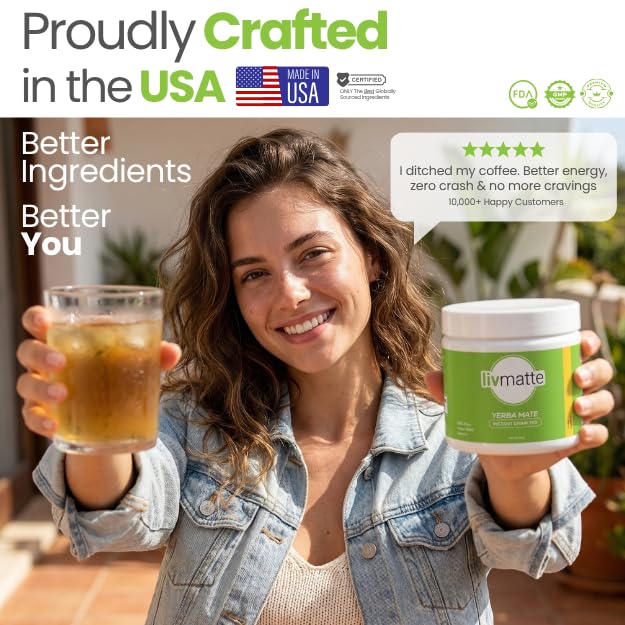 Liv Matte Yerba Mate Instant Tea Powder Sugar Free Natural Caffeine, Strawberry Lemon, 30 Servings