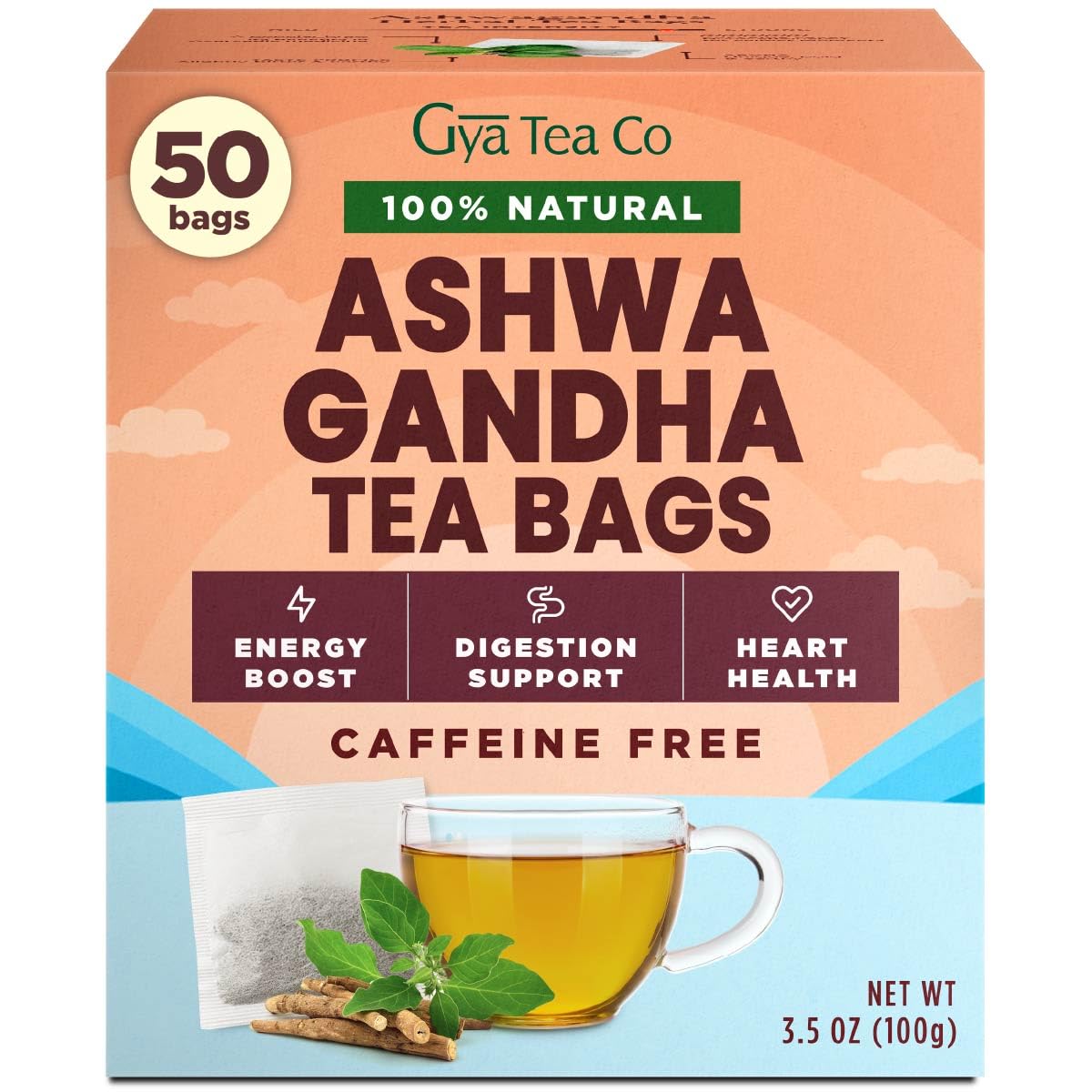 Ashwagandha Tea Bags 50 Count - 100% Natural Caffeine Free Herbal Tea