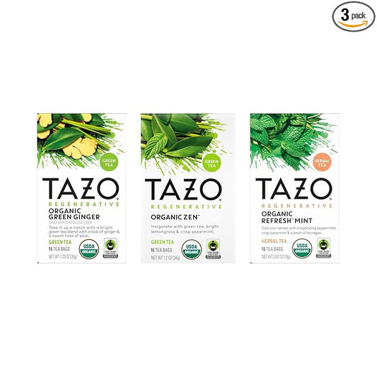 TAZO Tea Bags, Regenerative Organic: Refresh Mint Herbal Tea, Zen Green Tea, & Green Ginger Tea 16 CT (1ea) (Variety Pack)