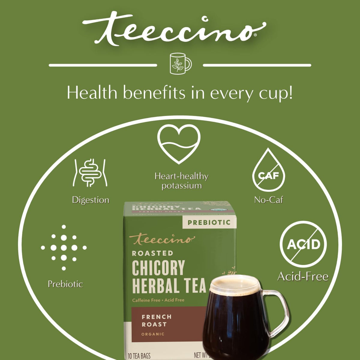 Teeccino Org French Roast Herbal Tea - Caffeine Free Prebiotic 10 Tea Bags