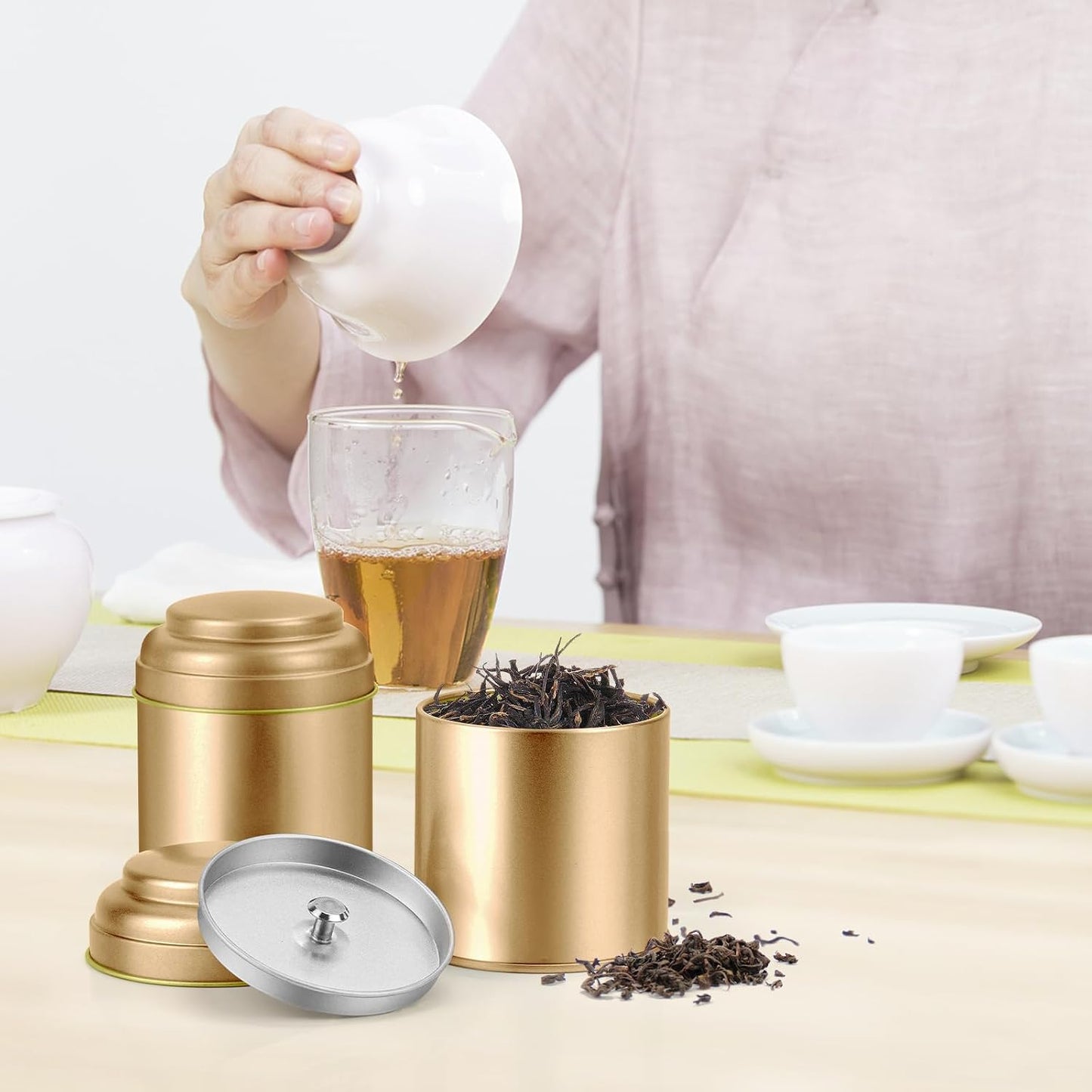 TRISCO 6PCS Tea Tin with Airtight Double Lids for Loose Leaf Tea Storage | 8 Fl Oz Capacity,Kitchen Small Tin Can Tea Canisters,for Loose Tea Coffee Sugar Candy Spices,Holiday Gift,Gold