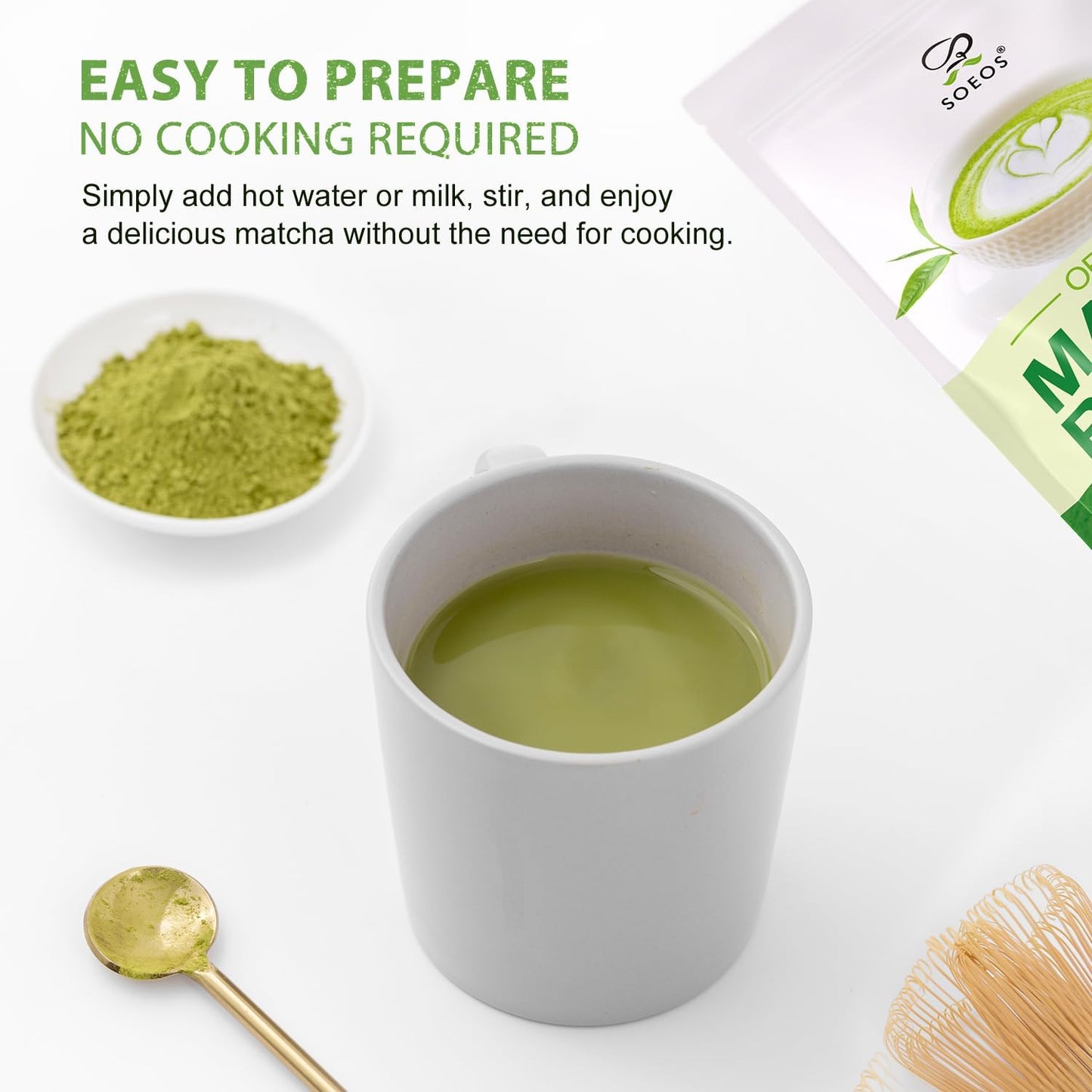 Soeos Organic Matcha Powder, Matcha Green Tea Powder, 2 oz (57g), Antioxidant-Rich Japanese Matcha for Lattes, Smoothies and Baking, Recyclable Bags