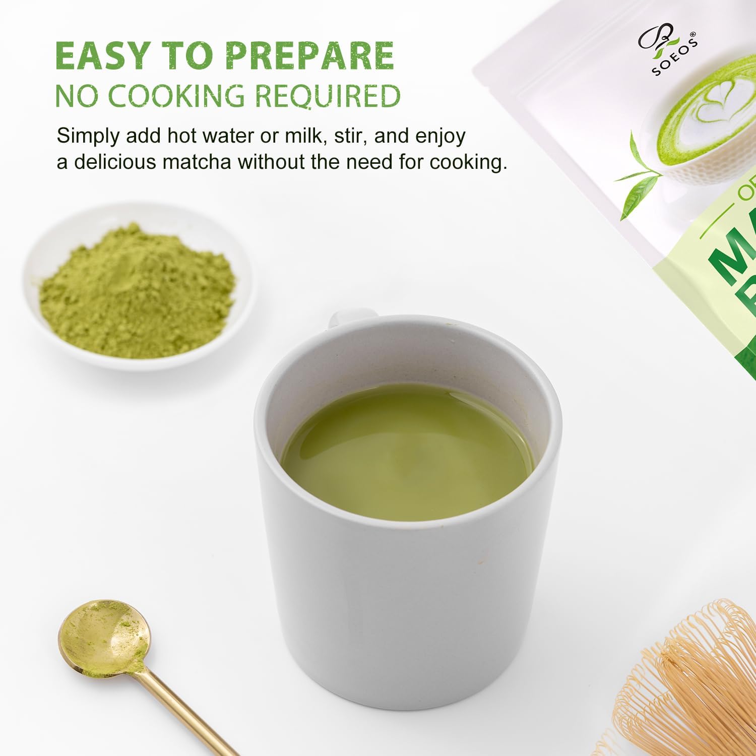 Soeos Organic Matcha Powder, Matcha Green Tea Powder, 2 oz (57g), Antioxidant-Rich Japanese Matcha for Lattes, Smoothies and Baking, Recyclable Bags