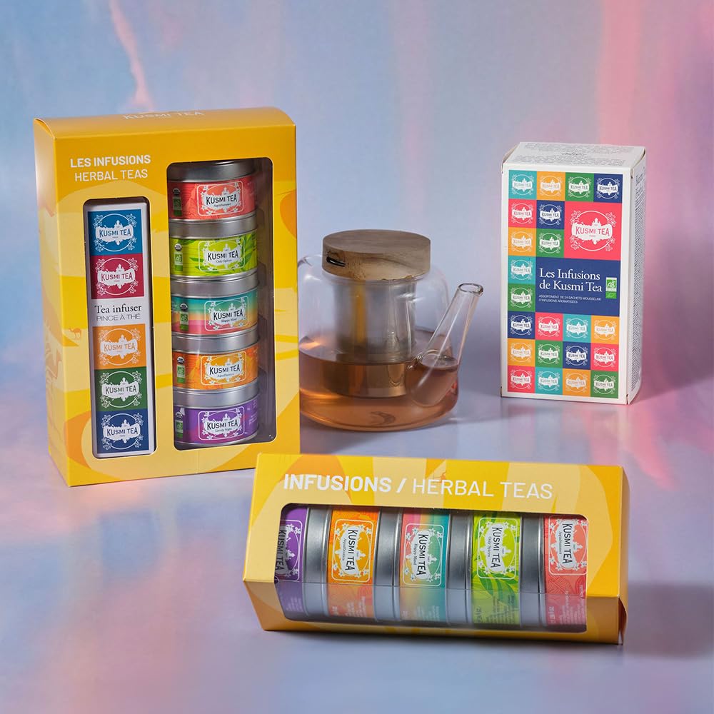 Kusmi Tea - Organic Herbal Tea Gift Set + Tea Infuser- Gift Idea for Men and Women - Caffeine-Free Teas - Hibiscus Tea, Chamomile Tea, Ginger Tea - Loose Leaf Tea - 5 Tins of 0,9 oz