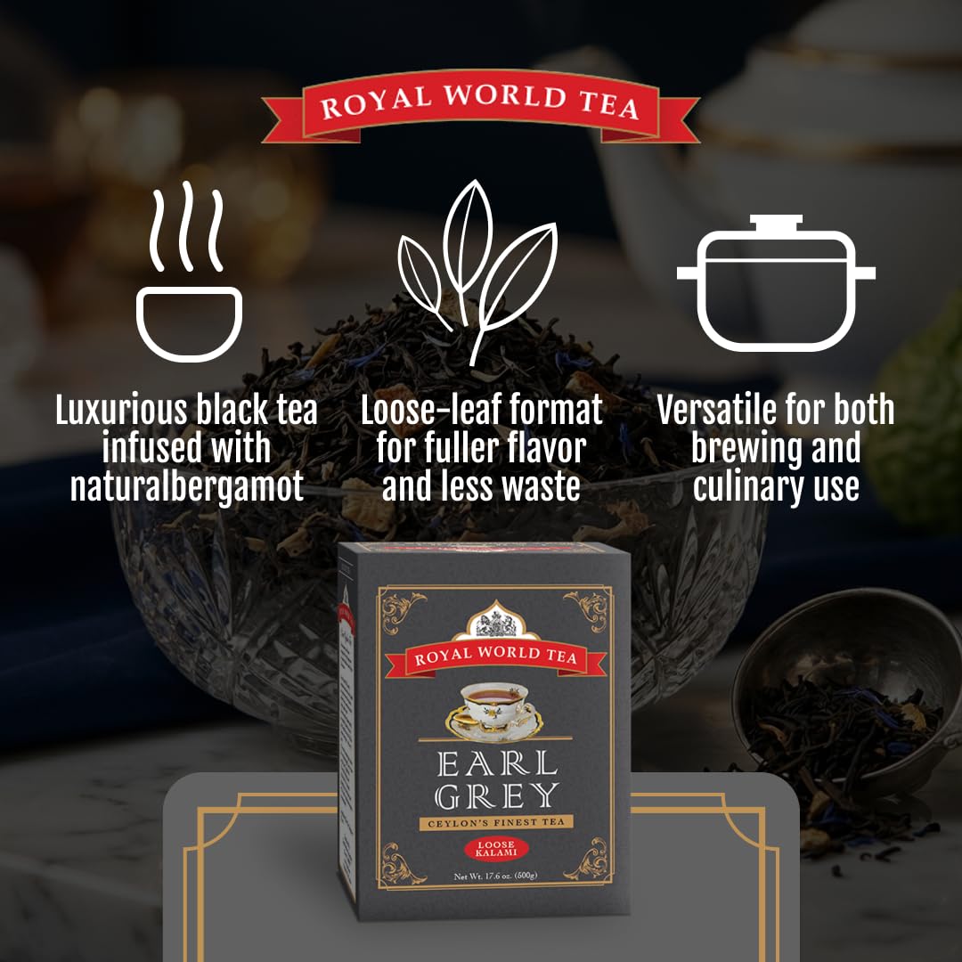 Royal World Loose Leaf Earl Grey Tea – Premium Blend of Bergamot &amp; Ceylon Black Tea – Ideal for London Fog &amp; Iced Drinks – Perfect for Recipes – Sourced from Sri Lanka – Minimal Packaging, 17.6oz