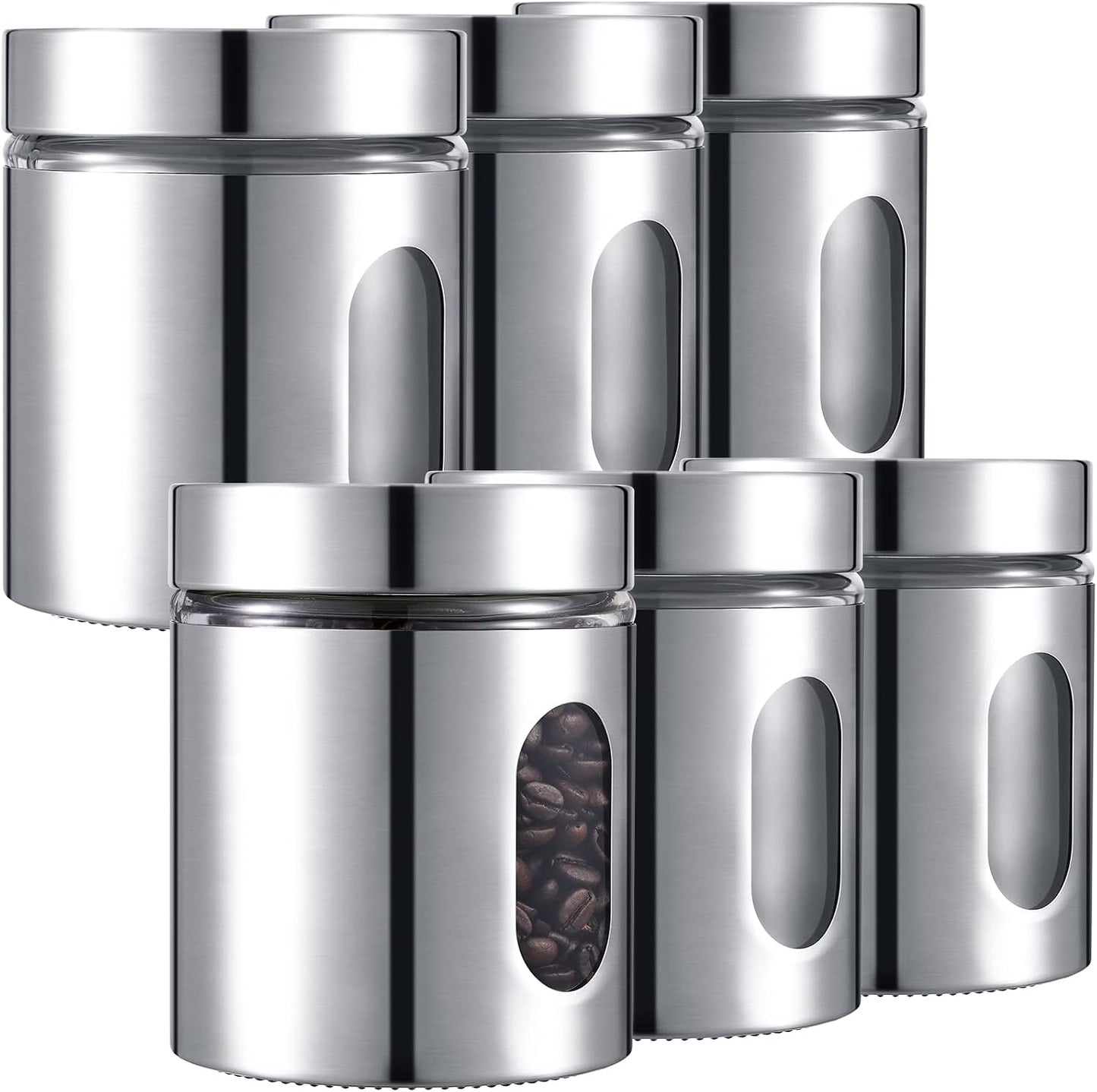 Mimorou 6 Pack 20 oz Airtight Stainless Steel Kitchen Canisters, Silver | Set Window Canister Jars, Coffee Tea Sugar, Quick Refill Check, Pantry Organization, Countertop Storage, Spice and Candy Jars