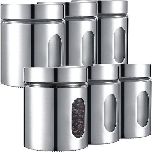 Mimorou 6 Pack Kitchen Canisters Set Airtight Coffee Sugar Tea Candy Storage Jars with Window Glass Stainless Steel Containers with Lids for Flour Cookies Spices Grains Kitchen Decorations(20 oz)