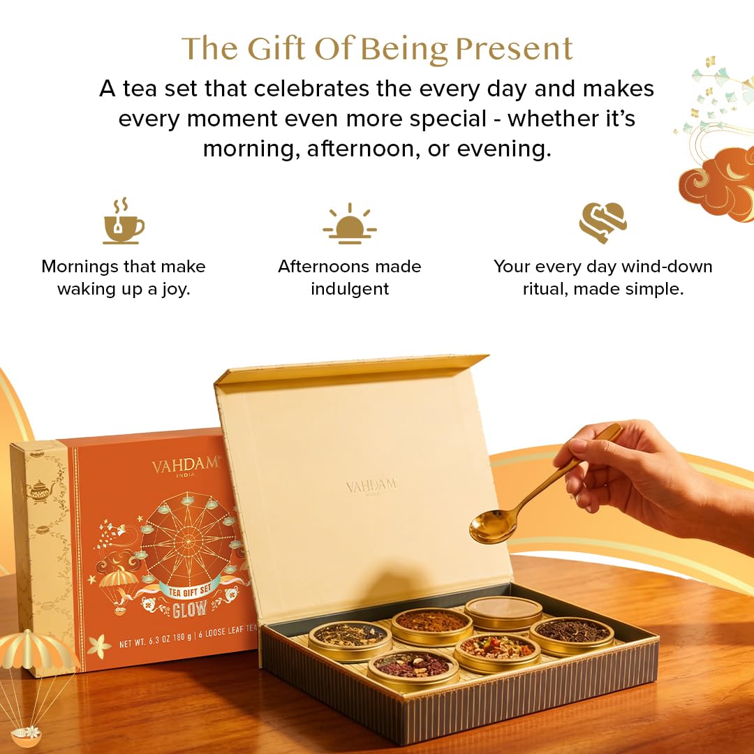 VAHDAM, GLOW - Assorted Mothers Day Gift Set for Mom from Son, Daughter (6 Loose Leaf Tea) Tin Caddy Presentation Box | Gluten Free, Non GMO | Mothers Day Gifts for Mom/Grandma