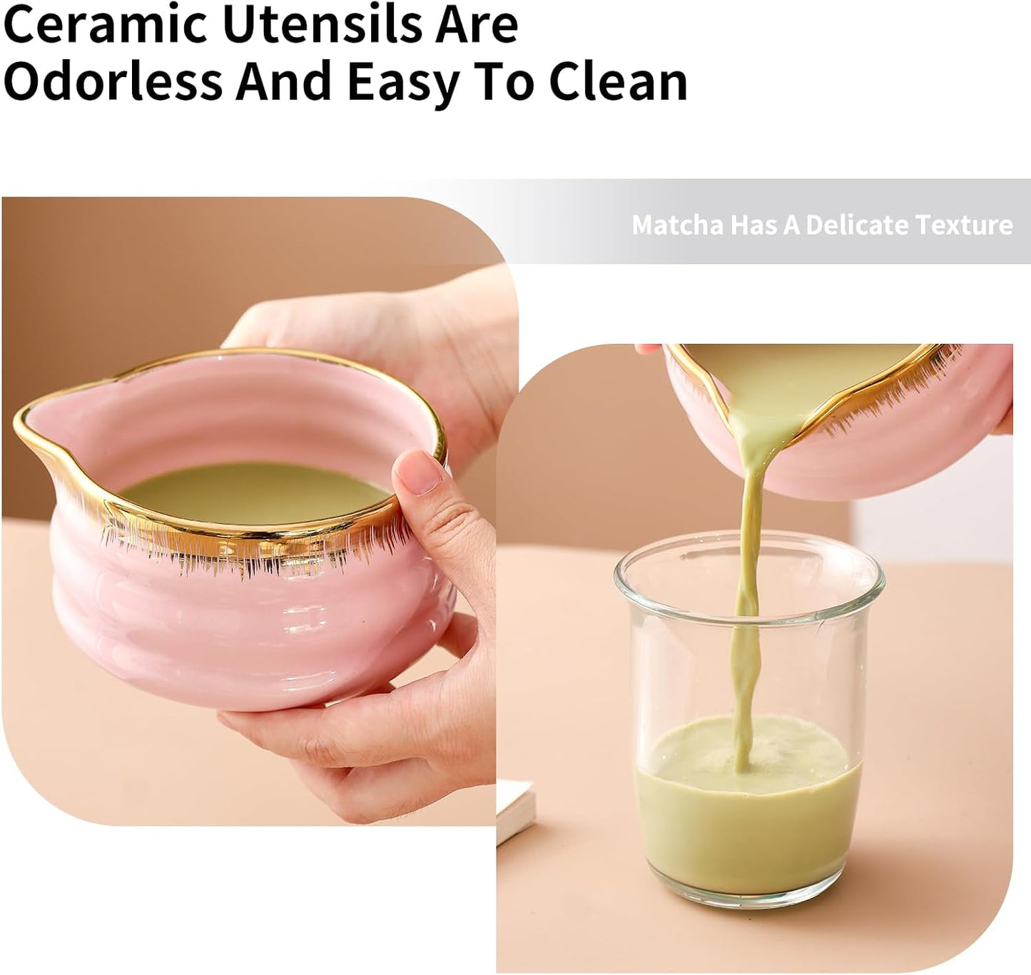 7-Piece Matcha Set, Matcha Bowl &amp; Bamboo Whisk Kit | Ceremonial Matcha Whisk Tools with Golden Texture Details, Japanese Tea Ceremony Starter Kit &amp; Unique Matcha Gift (Pink)