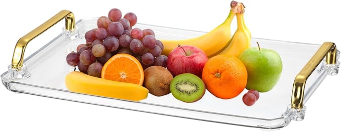 uxcell Plastic Serving Tray with Golden Handle, 12 x 8.6 Modern Rectangular Decorative Tray Acrylic 
