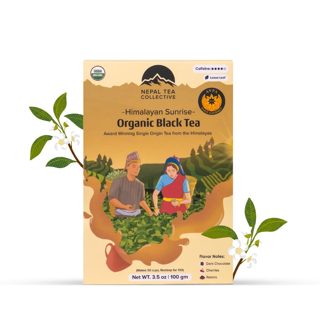NEPAL TEA Organic Black Tea Loose Leaf - Certified Organic Premium Loose Leaf Black Tea - Single Origin from a Family Farm in the Himalayas - 3.5 Oz/100g (Himalayan Sunrise)