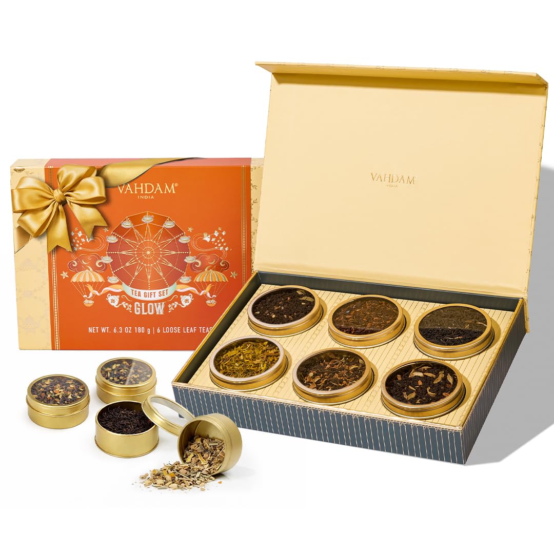 VAHDAM, Glow - Assorted Mothers Day Gift Set for Mom from Son, Daughter (6 Loose Leaf Tea) Tin Caddy Presentation Box, Gluten Free, Non GMO