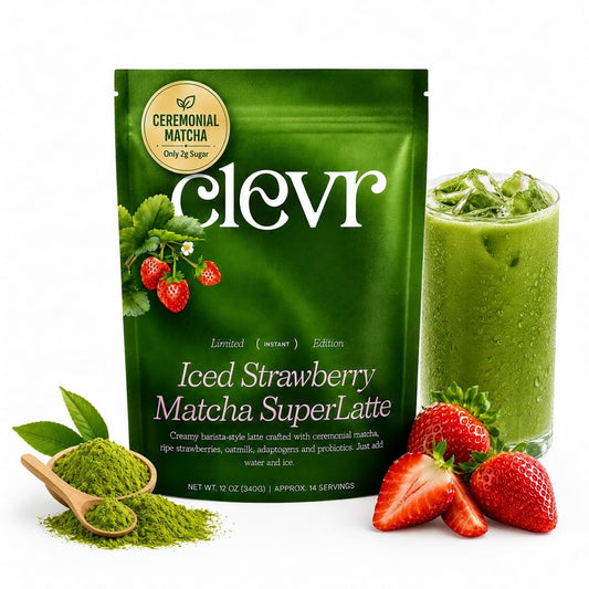 Clevr Strawberry Matcha Latte – Decadent Café-Style Latte, Organic Ceremonial Japanese Tea, L-Theanine, Supports Radiant Skin, Energy, Focus, Gut Health – 14 Servings