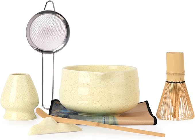 Japanese Matcha Whisk Set - 7-Piece Kit Bamboo Chasen, Ceramic Bowl with Spout, Stainless Steel Sift