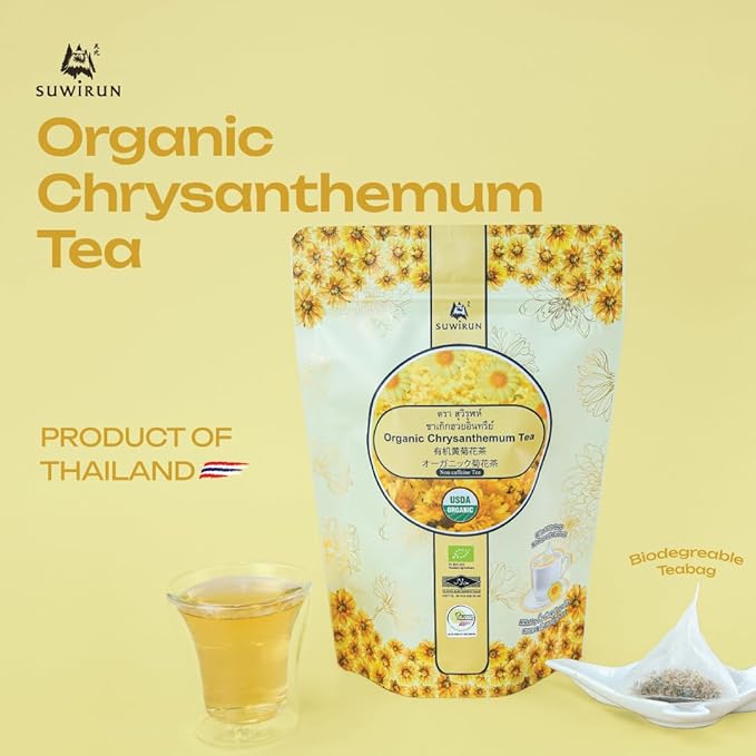 Suwirun Organic Chrysanthemum Tea 25 Bags – 100% Chrysanthemum Flowers – Naturally Caffeine-Free, Sweet Floral Aroma – Supports Relaxation & Wellness