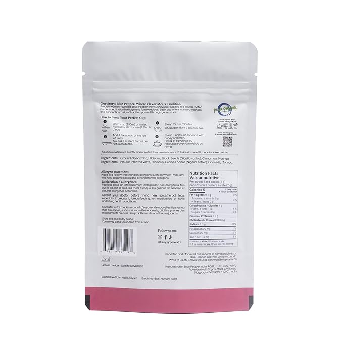 Blue Pepper Hibiscus Tea Infusion, Hibiscus, Mint, Black Seeds, Cinnamon & Moringa, Caffeine-Free Natural Beverage