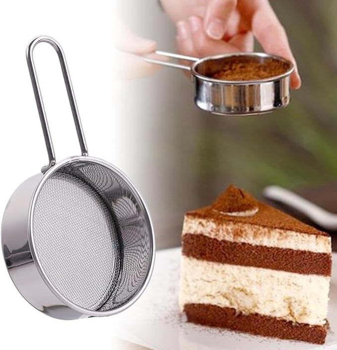 1 Pcs Sliver Flour Sifter Fine Mesh Round Stainless Steel Strainer with Long Handle Cocoa Matcha Powder Filter Spoon,Mini Flour Sifter Drainer for Baking