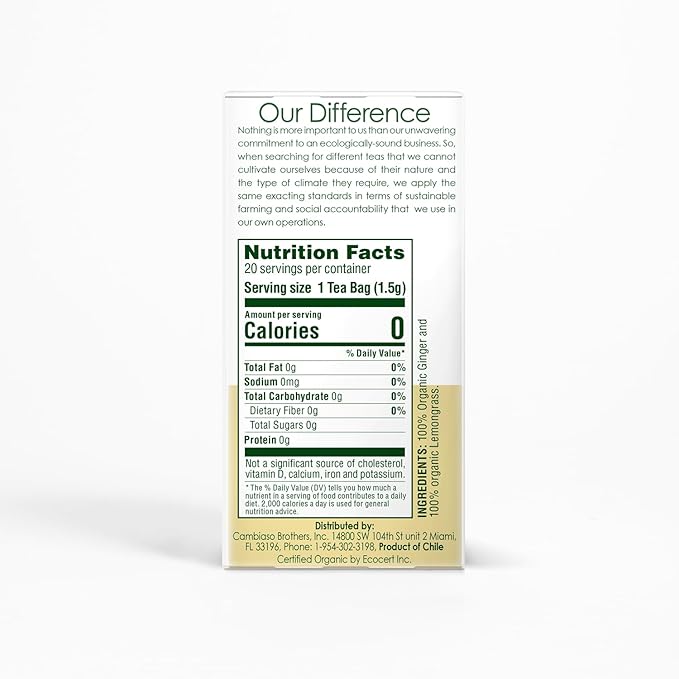 Garden of the Andes - Organic Ginger Lemongrass Tea - 20 Tea Bags/Box, Pack of 6 (120 ct.) - Caffeine-Free Herbal Infusion