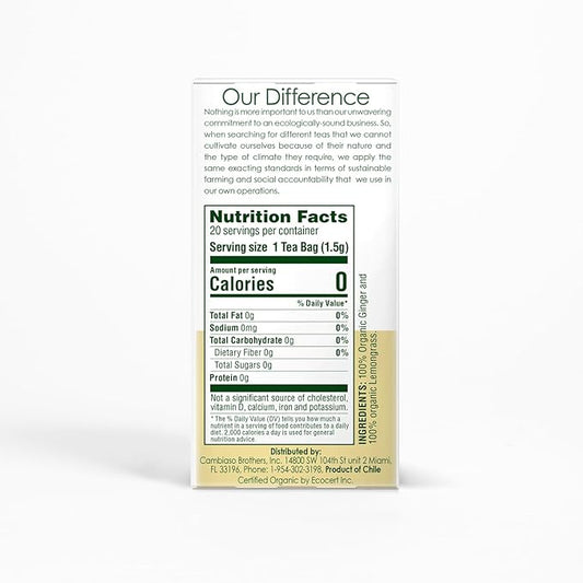 Garden of the Andes - Organic Ginger Lemongrass Tea - 20 Tea Bags/Box, Pack of 6 (120 ct.) - Caffeine-Free Herbal Infusion
