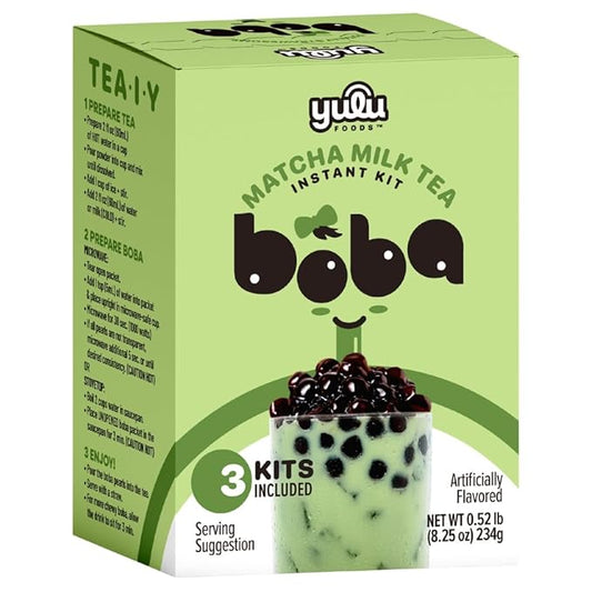 Matcha Latte Instant Bubble Pearl Matcha Milk Tea Kit with Authentic Brown Sugar Tapioca Pearls, Ready in Under One Minute, Paper Straws Included – 3 Servings Yulu Foods