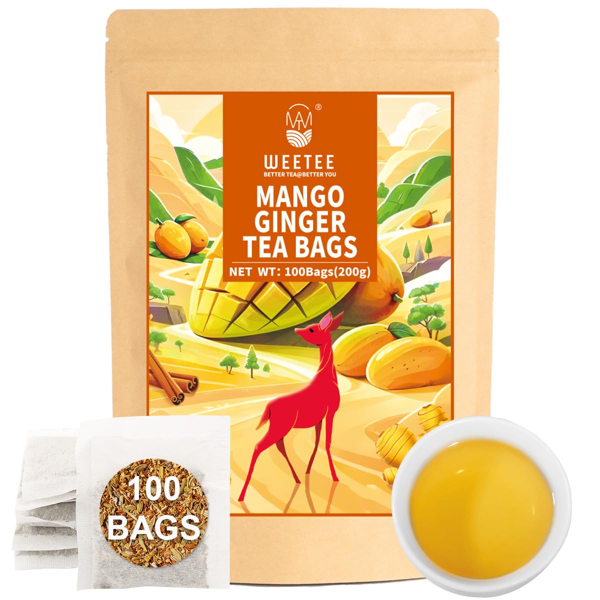 WT WEETEE Mango Ginger Tea Bags 100ct, Caffeine-free Tropical &amp; Spicy Blend