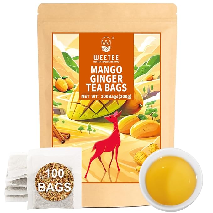 WT Weetee Mango Ginger Tea Bags, 2g x 100 Counts, Flavored Ginger Herbal Tea Includes Cardamom, Fennel, Cinnamon, Rooibos, Licorice & More