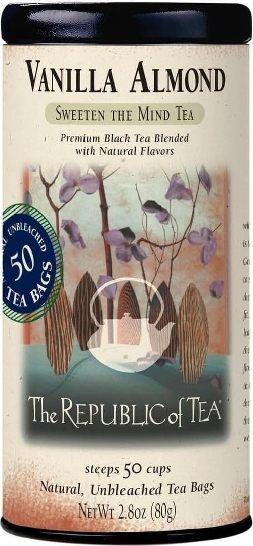 The Republic of Tea Vanilla Almond Black Tea, Naturally Caffeinated, 50 Ct | Made for morning or afternoon sipping. Brisk and full-bodied with notes of soft sweetness. Gluten Free and Carb Free.