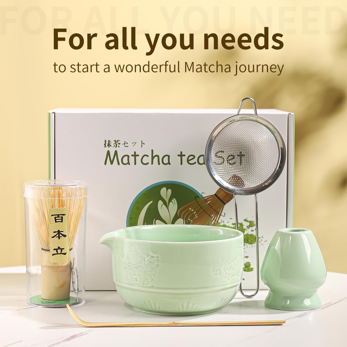 Matcha Tea Set, 5-Piece Ceramic Matcha Bowl &amp; Whisk Kit with Cute Cat Pattern, Traditional Japanese Chawan, Scoop &amp; Sifter, Perfect for Tea Ceremony, Gift for &amp; Tea Lovers (green)