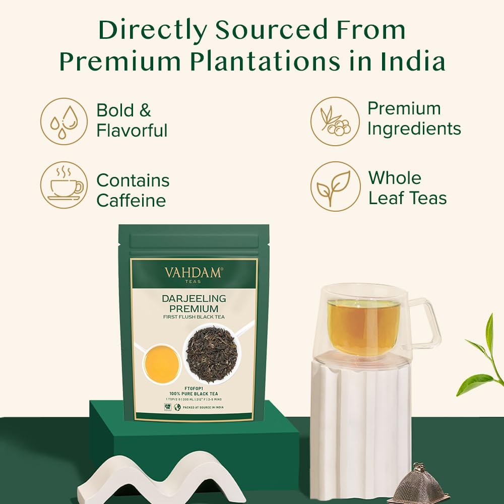 VAHDAM, First Flush Darjeeling Tea - 50 Cups (3.53oz) | Loose Leaf Black Tea - Flowery, Aromatic & Delicious | Picked, Packed & Shipped Direct From India | Champagne Of Teas | Mellow & Fragrant