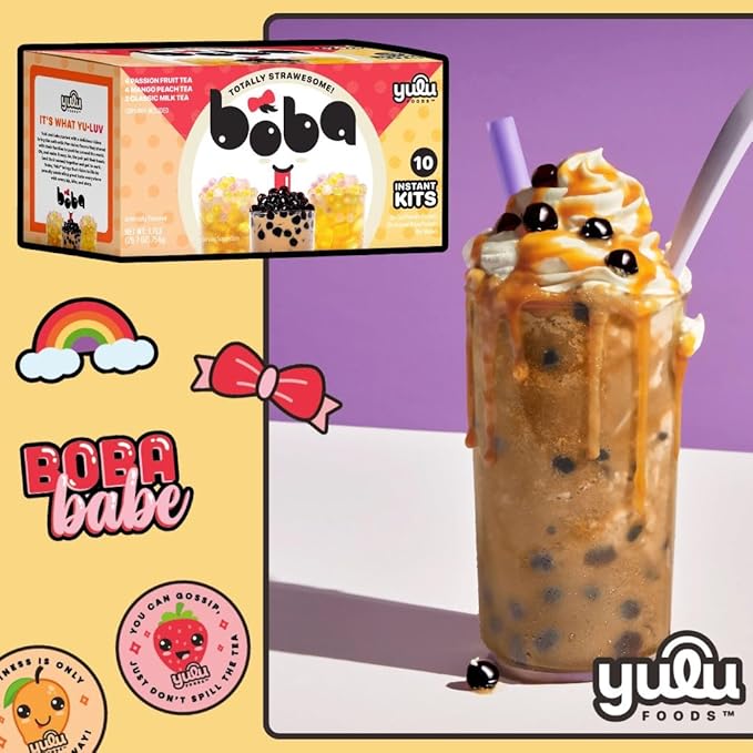 Boba Bundle Kit 10 Serv. Instant Bubble Pearl Variety Milk Tea Kit with Authentic Brown Sugar Tapioca Pearls by Yulu Foods - Ready in Under 1 Minute, Includes Paper Straws - Gift Box, Holiday (Classic, Mango Peach, Passionfruit)