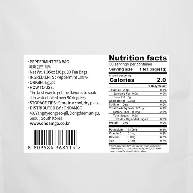 ONDAMGO White Peppermint Tea 30T Warm Tea 1.05oz / 페퍼민트차