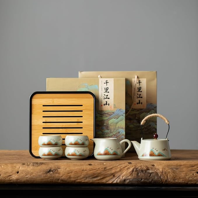 7-Piece Ruyao Ceramic Chinese GongfuTea Set, Traditional Crackle Glaze Teapot with Cups and Bamboo Tray, Gift Box Included