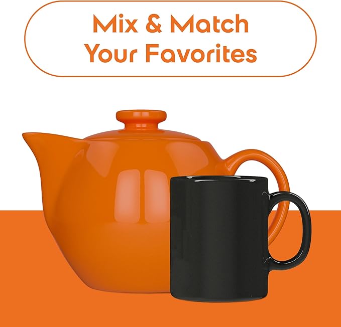 OmniWare 14 Oz Stoneware Teapot with Stainless Steel Mesh Infuser (Orange) - Microwave & Dishwasher Safe, Removable Infuser