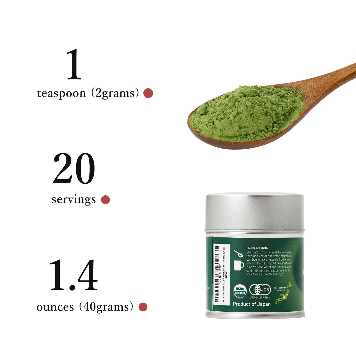 MIKAN-YAMA ZEN GREEN Organic Matcha Powder, 100% Authentic Japanese Ceremonial Grade, Single Origin from Shizuoka Japan, 40g (1.41oz) - Saemidori Cultivar – (Organic Ceremonial 1.41oz (Pack of 1)Tin)