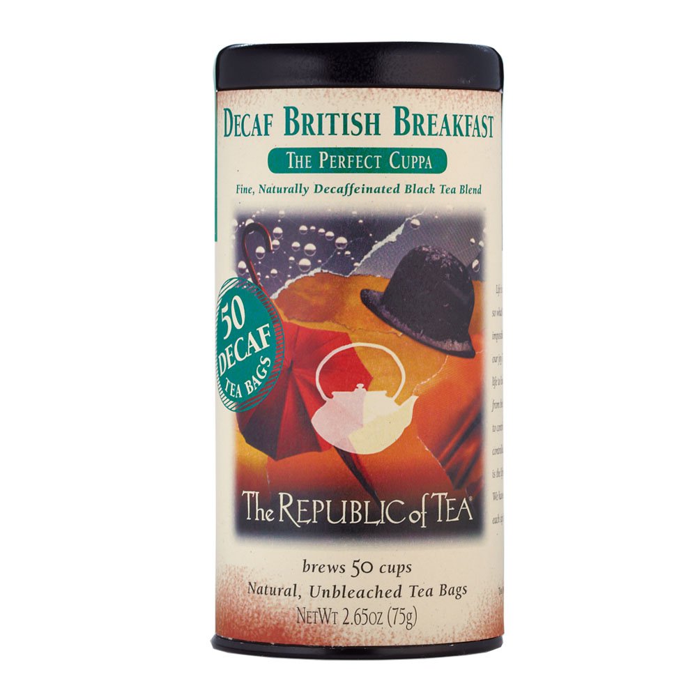 The Republic of Tea Decaf British Breakfast Black Tea, 50 Count | Suited to later-day sipping. Brisk and full-bodied with notes of warming ginger. Gluten Free and Kosher.