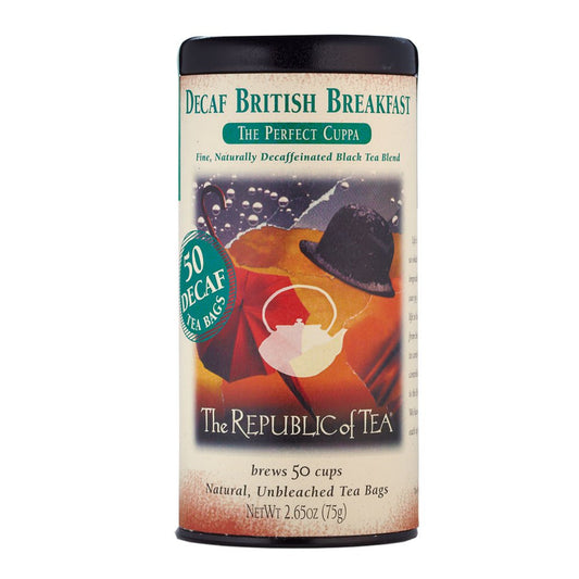 The Republic of Tea Decaf British Breakfast Black Tea, 50 Count | Suited to later-day sipping. Brisk and full-bodied with notes of warming ginger. Gluten Free and Kosher.