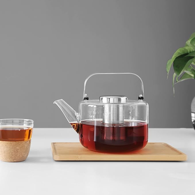 Viva Bjorn Borosilicate Glass Tea Pot for Stovetop with Loose Leaf Tea Infuser Mesh - 40 ounce/1.18 Liter