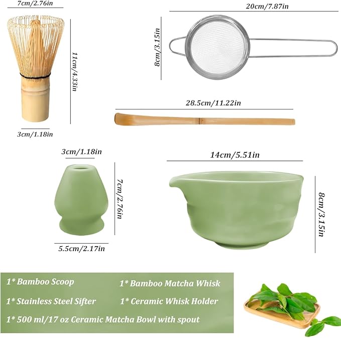Ceramic Matcha Set Includes 17 OZ Matcha Bowl with Spout, Matcha Whisk Holder, Bamboo Whisk and Scoop, Stainless Steel Sifter - 5 Pcs Green Matcha Kit for Matcha Tea Ceremony, Gift for Matcha Lovers