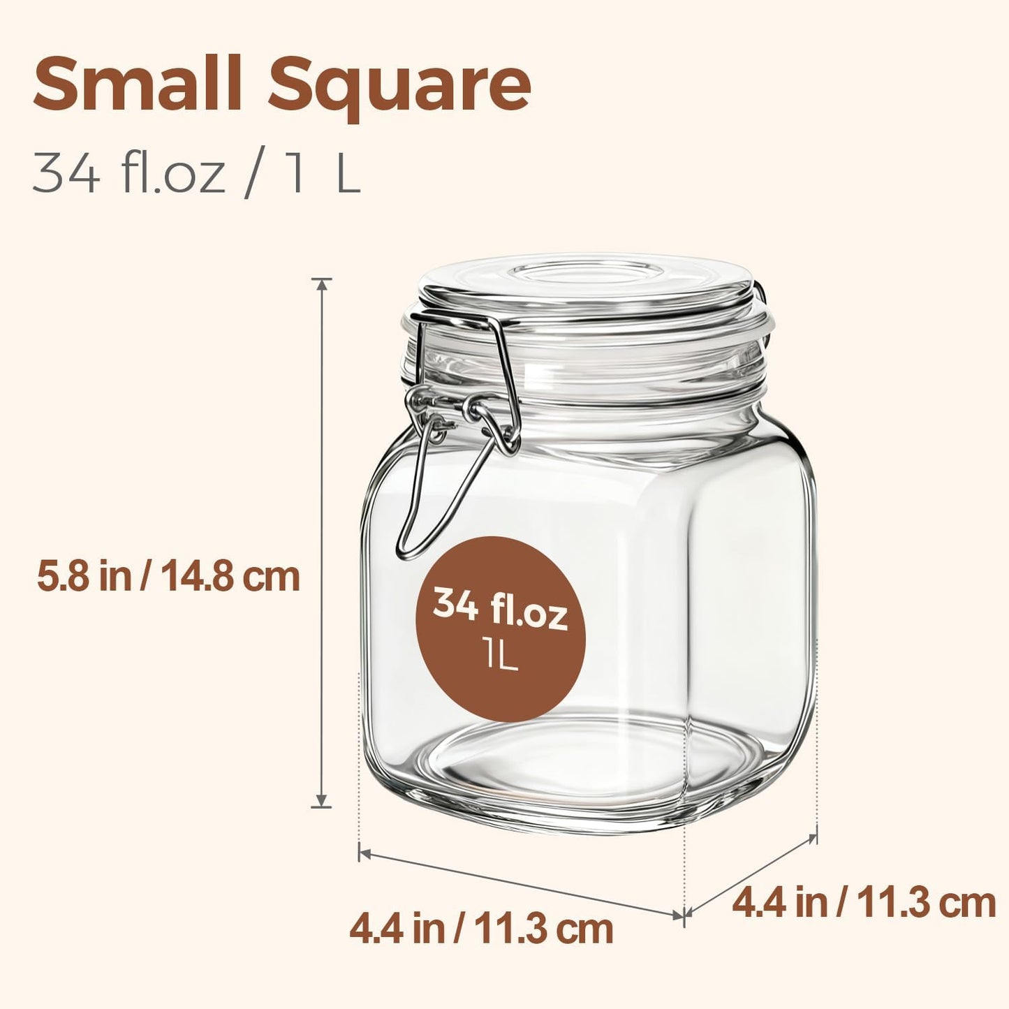 ComSaf Glass Storage Jars 34 oz 3 Pack for Flour Sugar, Coffee Canister | Airtight clamp lids, 3.3-inch wide mouth, four labels, Square clear canisters, tea, herbs, pickles and pantry organization