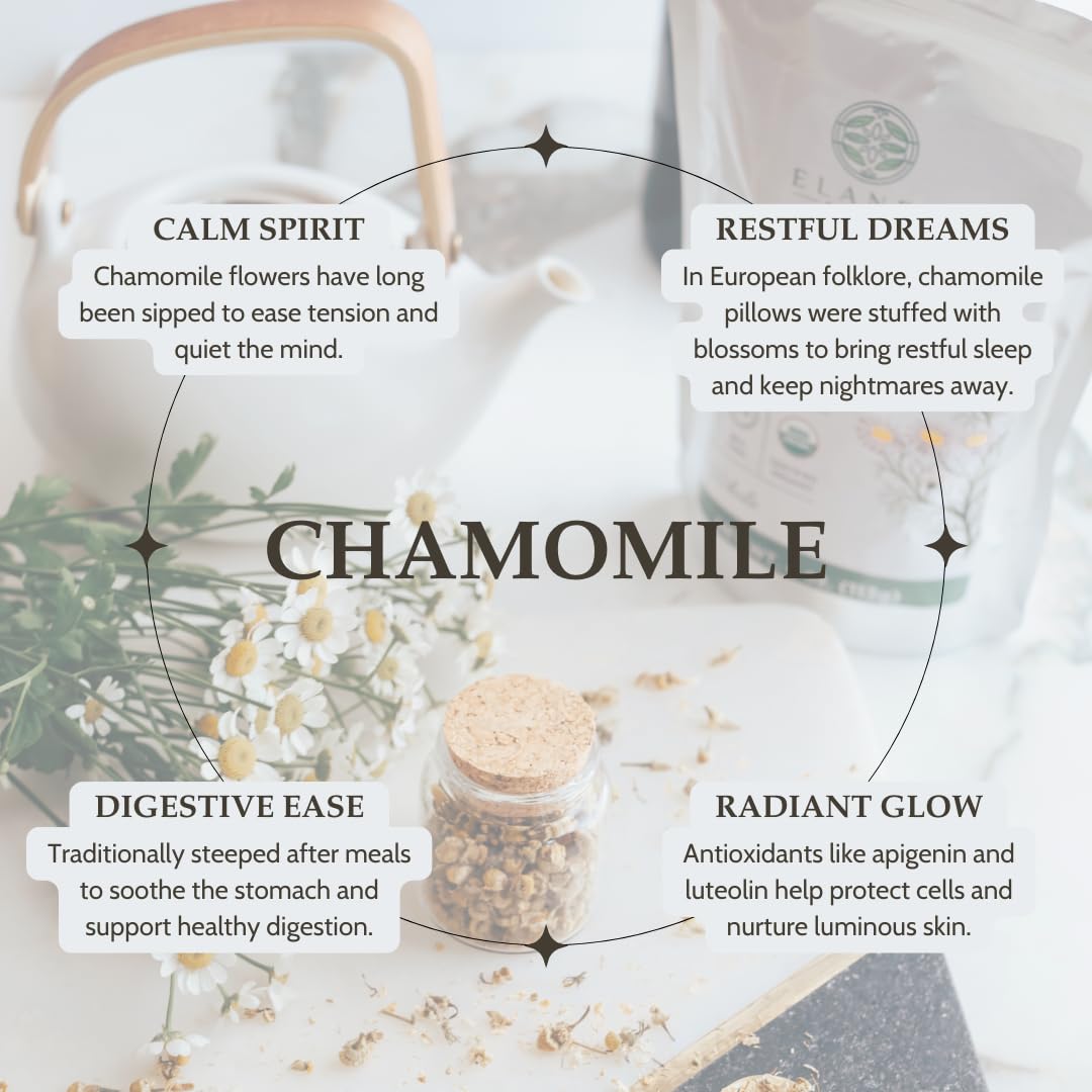 Elanen Naturals Organic Chamomile Flowers 4 oz. (113g), USDA Certified Organic Camomile Manzanilla Tea Loose Leaf, German
