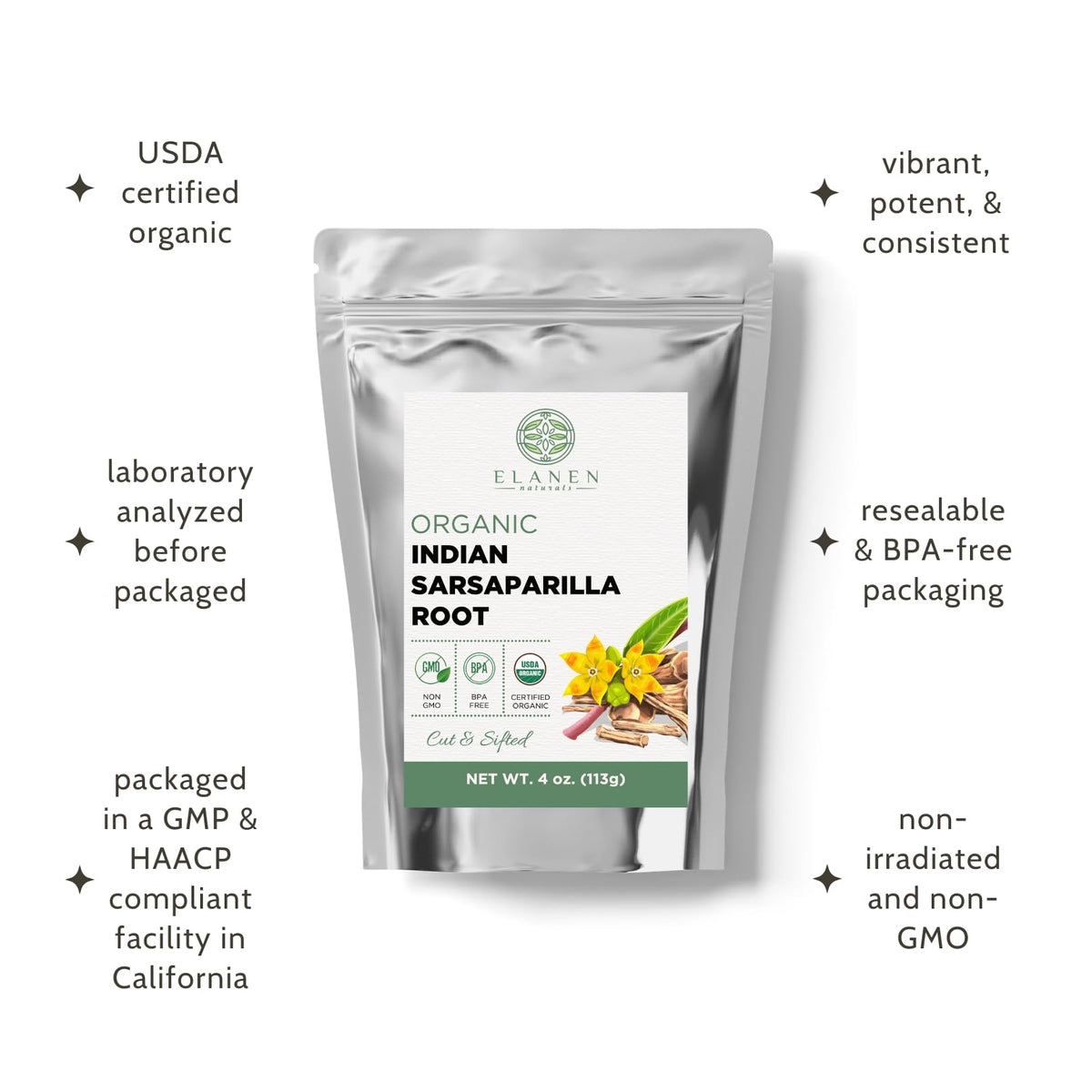 Elanen Naturals Organic Sarsaparilla Root 4 oz. (113g), USDA Certified Organic Indian Sarsaparilla Tea, Hemidesmus Indicus