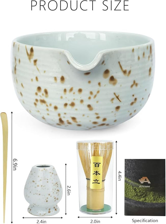 Artcome Matcha Tea Set - Ceramic Matcha Bowl with Pouring Spout, Bamboo Whisk, Whisk Holder, Tea Scoop & Matcha Manual