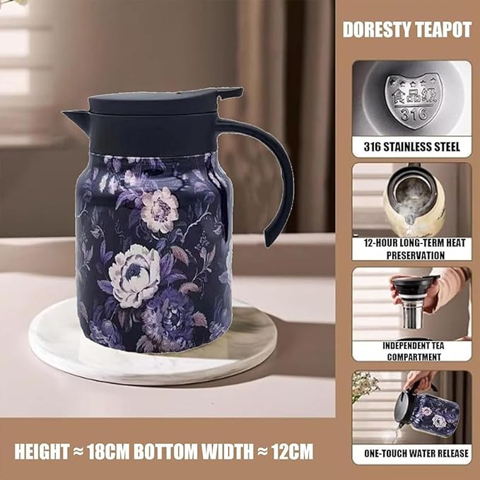 Vintage Floral Pattern Teapot – Built-In Infuser, 800ML/1000ML Heatproof Stainless Steel Teapot with Lid for Hot Drinks (Orange, 1000ml-Plastic handle)